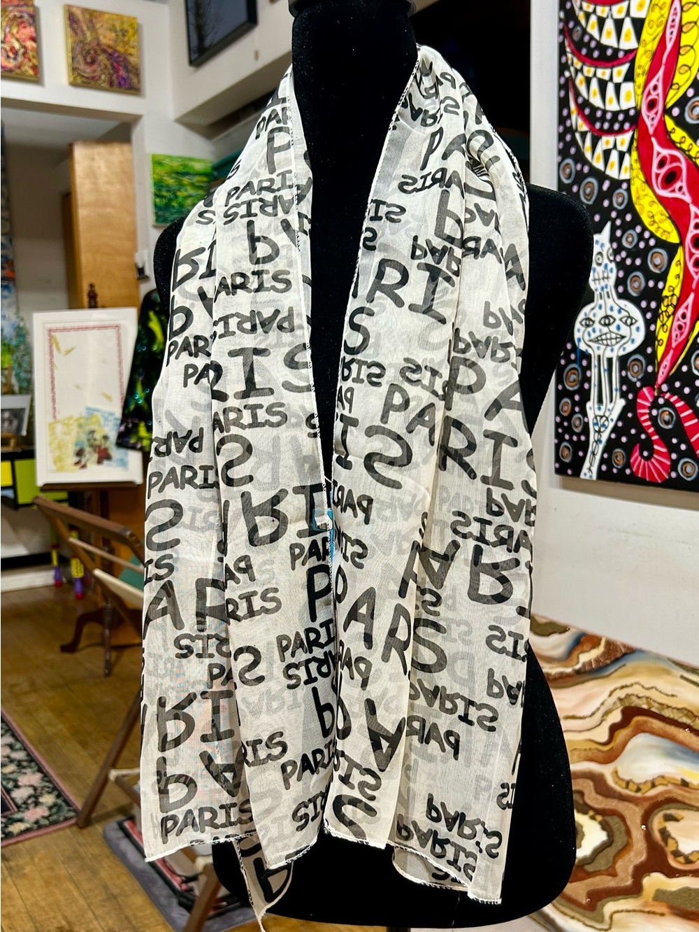 Vintage Sheer Paris Typographic
Scarf Black White Text Print
Lightweight Chiffon